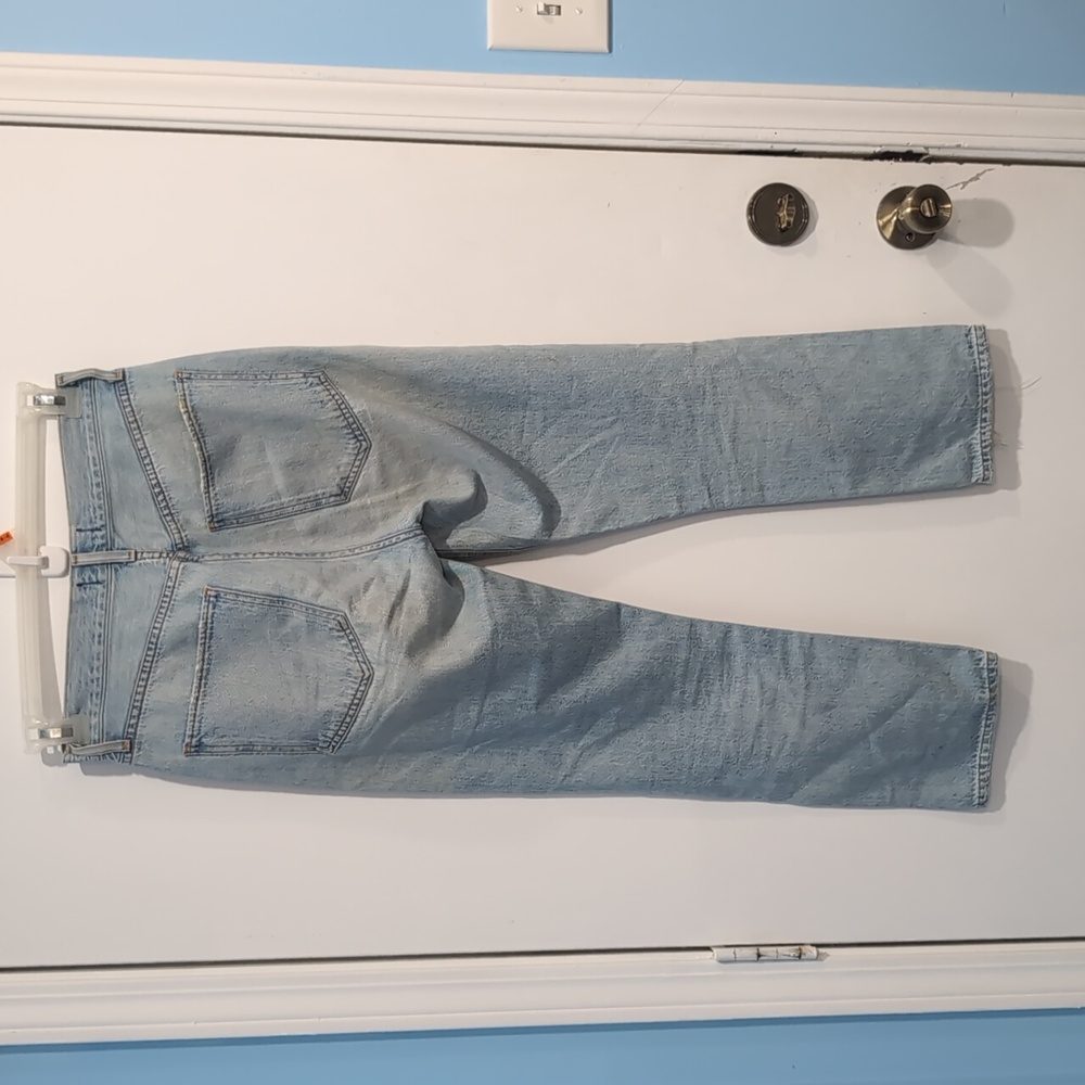 Agolde Riley High Rise Blue Straight Cropped Jeans with Distressed Knee Size 26 - Picture 6 of 7